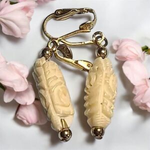 Earrings Bovine (cattle)  carved dangle   leverback 1.75 Inches